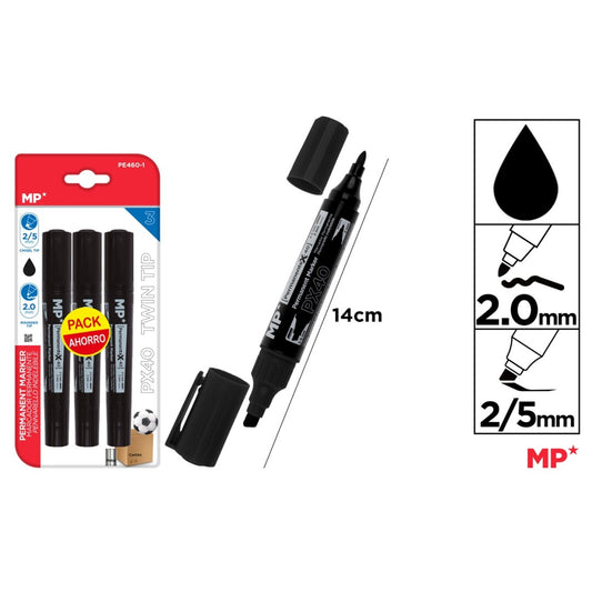 Marcador permanente doble punta negro 3uds