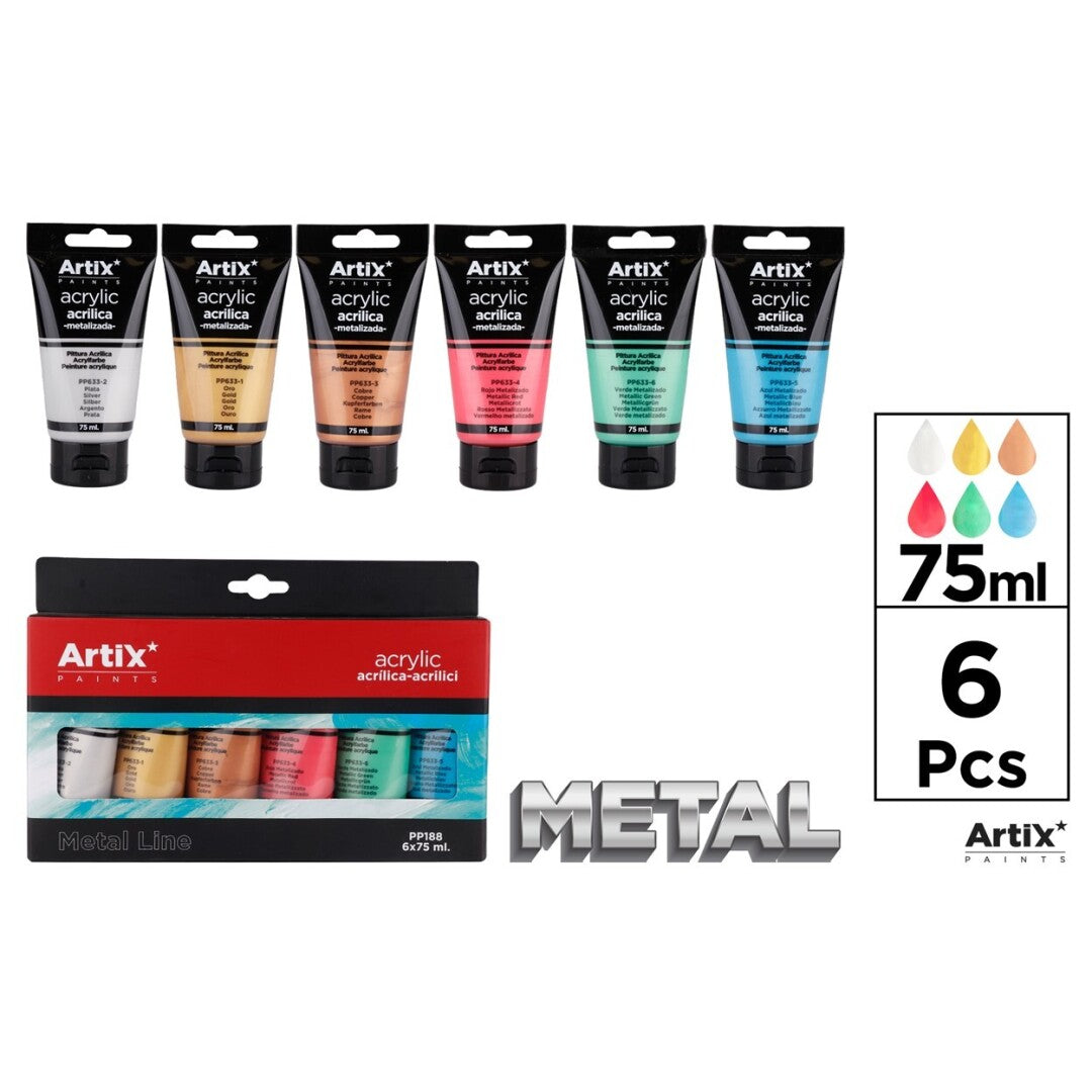 Pintura acrilica 6 tubos 75ml metalizado