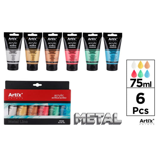 Pintura acrilica 6 tubos 75ml metalizado