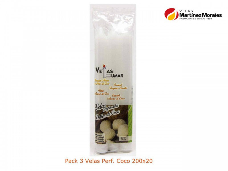 Pack 3 velas perfumadas coco 20x2 cm