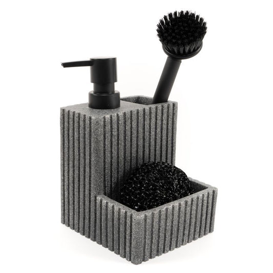Dispensador jabon con estropajero y cepillo gris