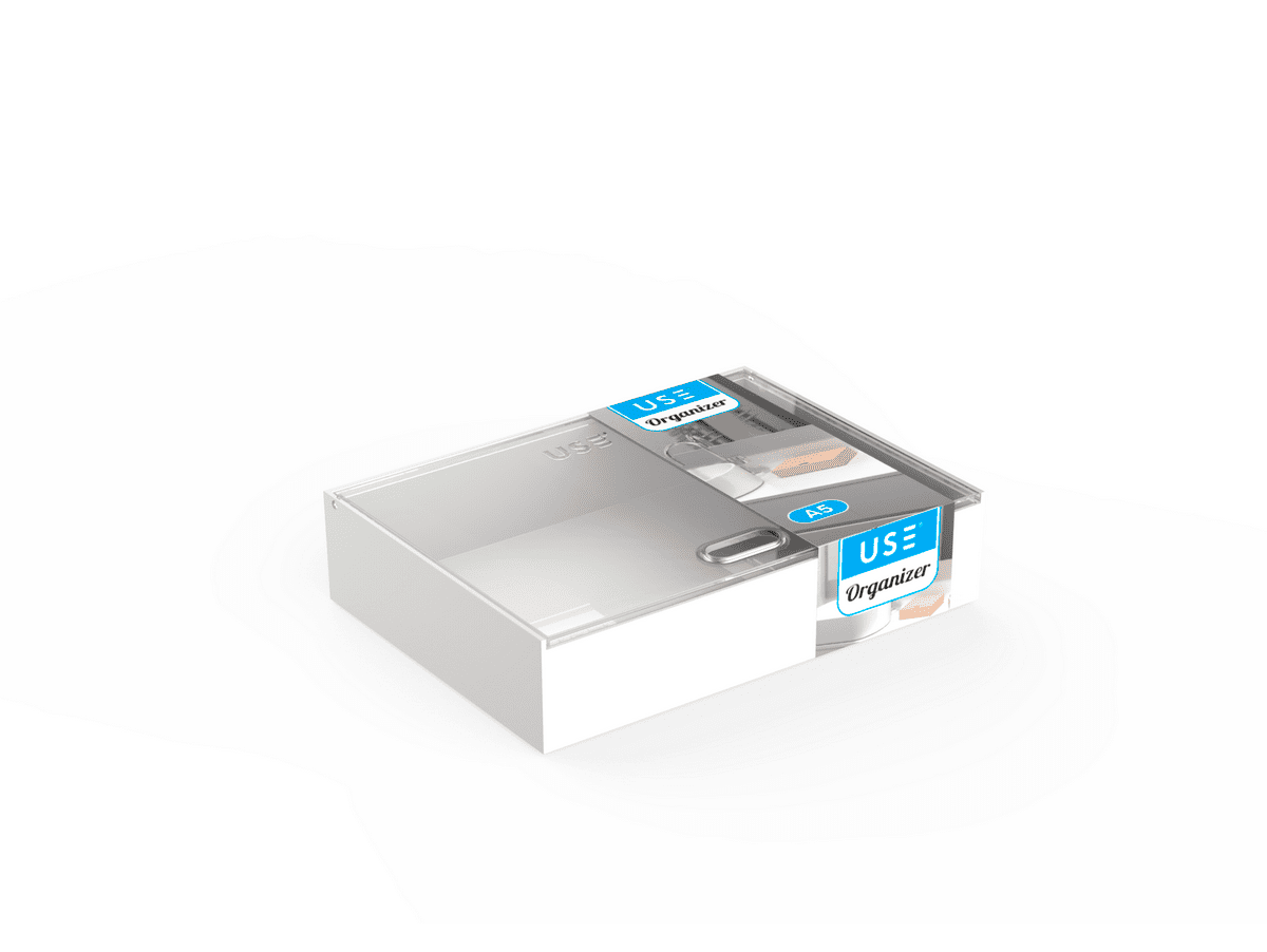 Caja organizadora con tapa abatible trabsparente tamaño a5