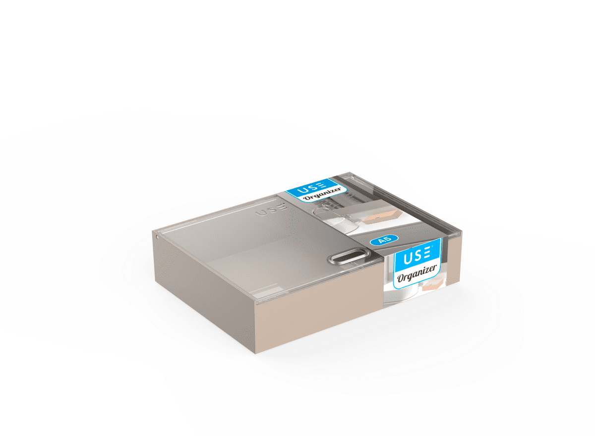 Caja organizadora con tapa abatible trabsparente tamaño a5