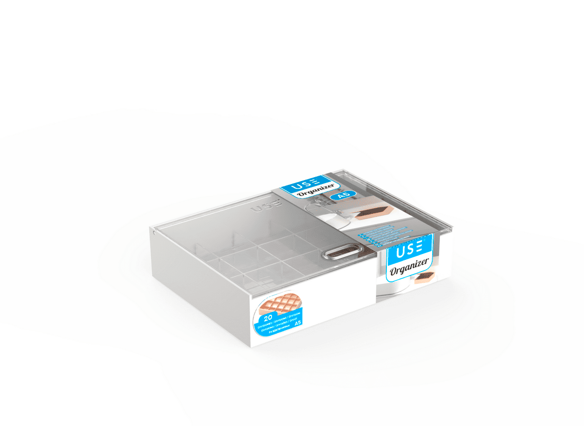 Caja organizadora con tapa abatible tamaño a5 con divisiones pequeñas
