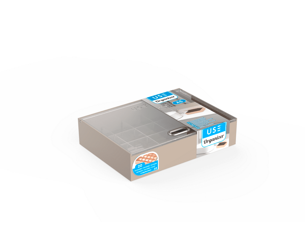 Caja organizadora con tapa abatible tamaño a5 con divisiones pequeñas