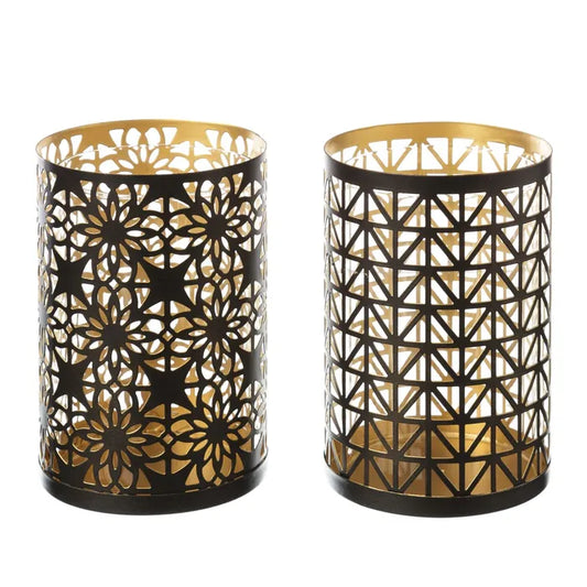 Portavelas 2/m metal-cristal negro-oro 8 x 8 x 10,50 cm