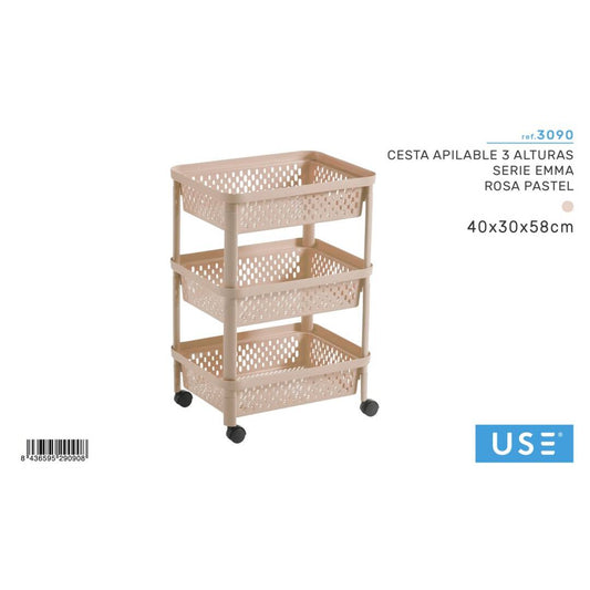 Cesta apilable 3 alturas rosa pastel serie emma