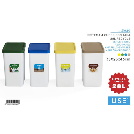 Sistema 4 cubos con tapa 28l recycle es/it (verde, amarillo, azul, marrón)