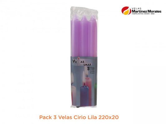 Pack 3 velas cirio lila 22x2 cm