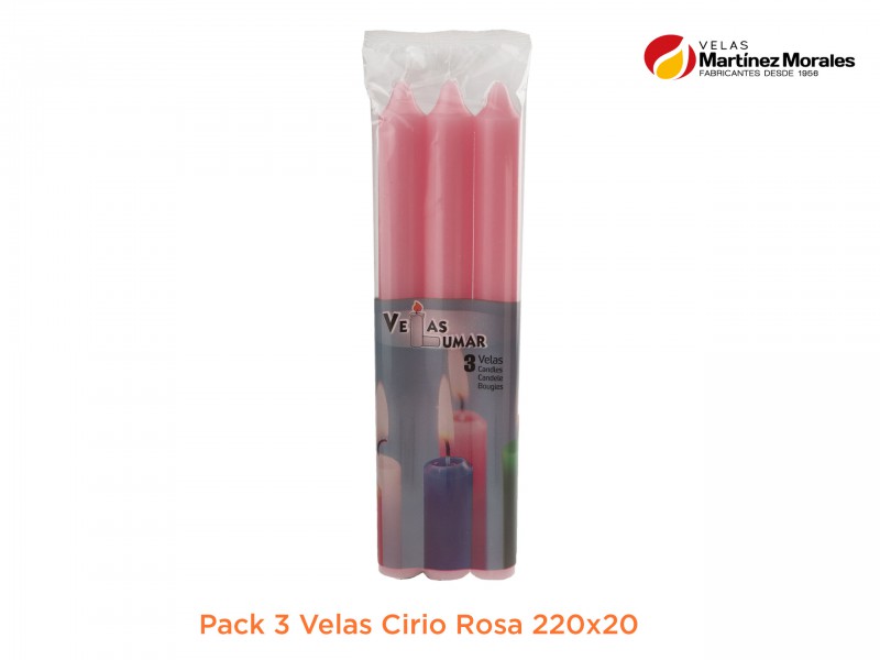 Pack 3 velas cirio rosa 22x2 cm