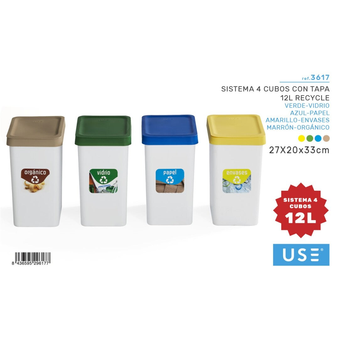 Sistema 4 cubos con tapa 12l recycle es/it (verde, amarillo, azul, marrón)